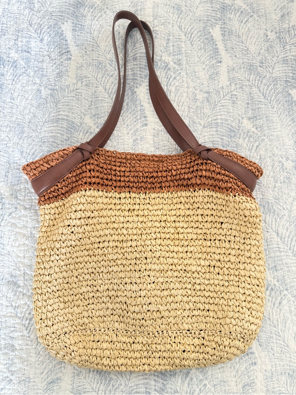 J. Crew Colorblock Paper Raffia  Tote Bag with Brown Trim
